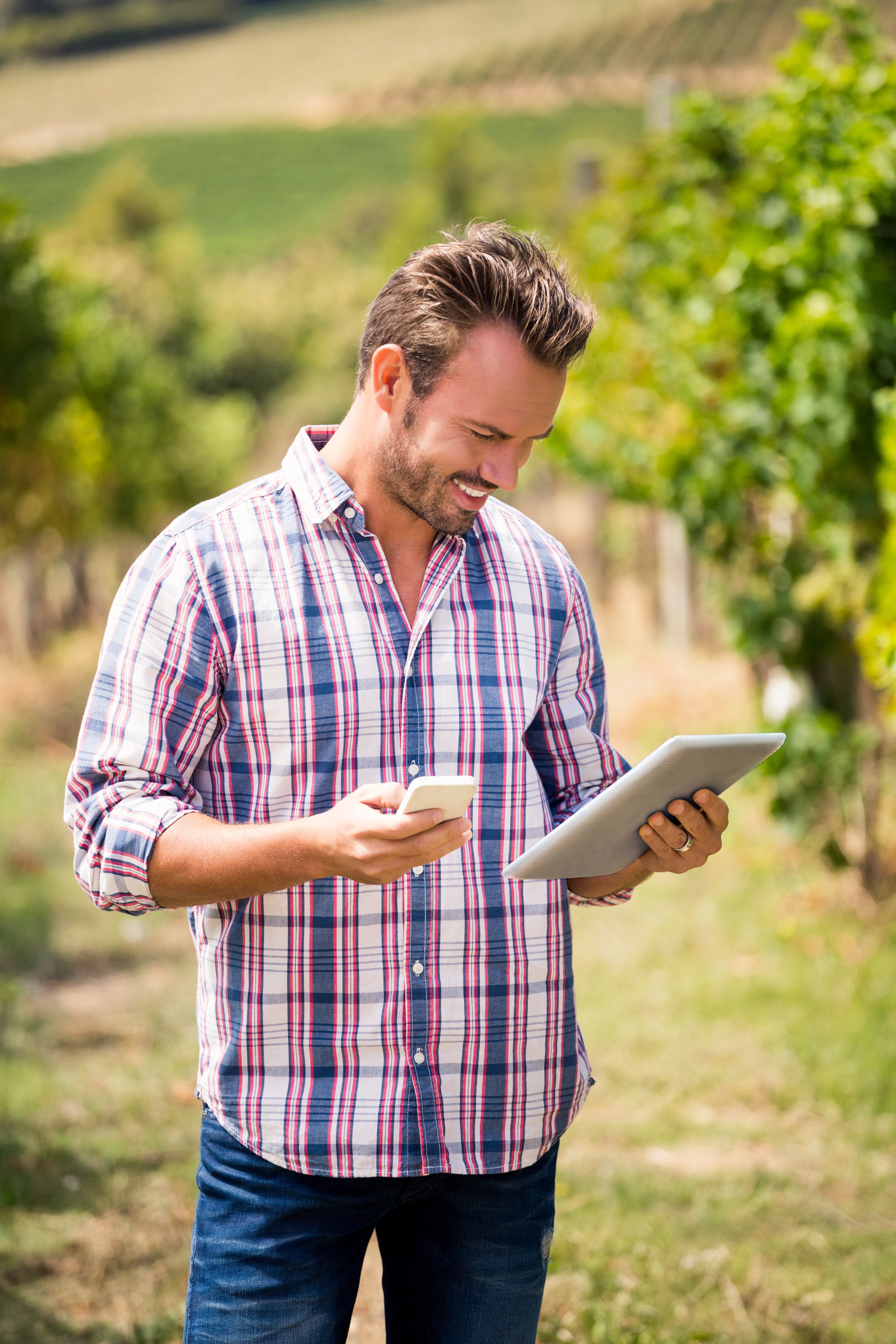 young-man-using-phone-and-tablet-at-vineyard-J6L7TCS